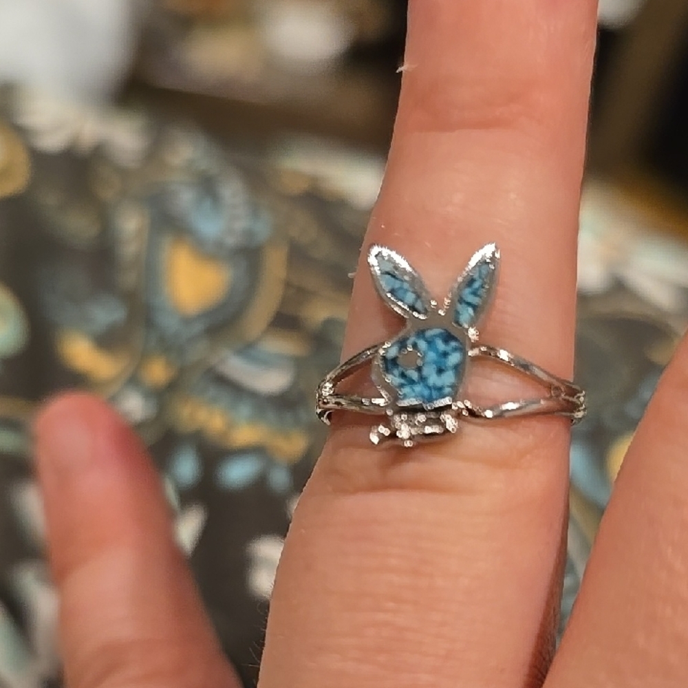 Vintage Navajo Silver and Turquoise Playboy Bunny Ring Adjustable